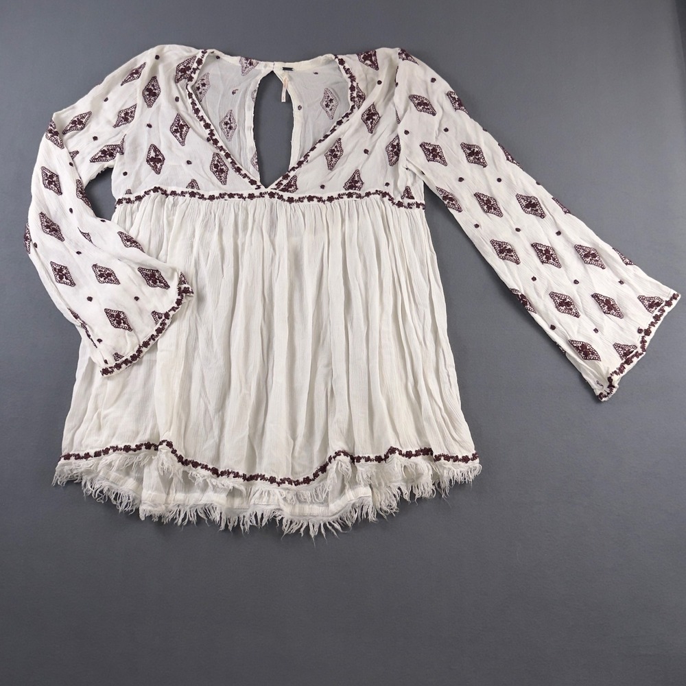 Free People Boho Embroidered Tunic Top White Burgundy Bell Sleeve Fringe Small